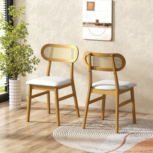 COSTWAY Chaise Salle a Manger Lot de 2, Chaise Salle a Manger Bois d'Hévéa, Dossier Rotin Cannage, Siège Rembourré en Similicuir, Chaise en Bois pour Salon, Cuisine (Blanc)