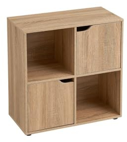 LOLAhome - Estantería Cubo Color Madera Marrón de 60x60x29 cm. Mueble de Almacenaje Compacto de Tablero de 12mm con 2 Puertas y 2 Huecos Abiertos para Dormitorio, Salón, Estudio, Oficina