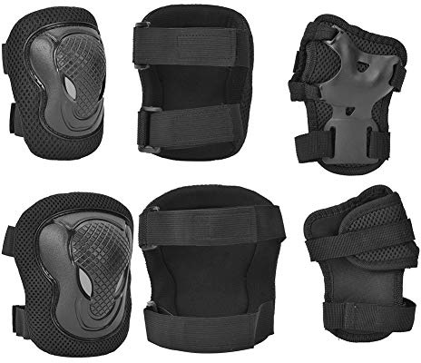 RiToEasysports Adult Roller Skate Protection Gear Set, Knee Pads Elbow Pads Wrist Guards with Sturdy Plastic and 10mm Thick Sponge, for Men Women Skating Enthusiasts (Black)
