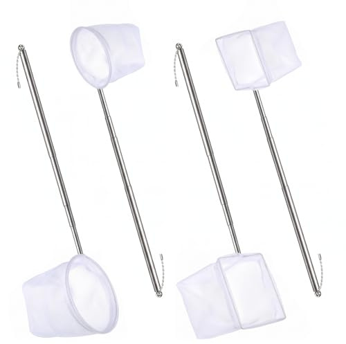 4 Piezas Mini Redes para Acuario Red de Pecera Pequeña Red para Gambas de Acuarios con Mango de Metal Extensibles Redonda y Cuadrada para Capturar Peces y Camarones Limpieza en Peceras