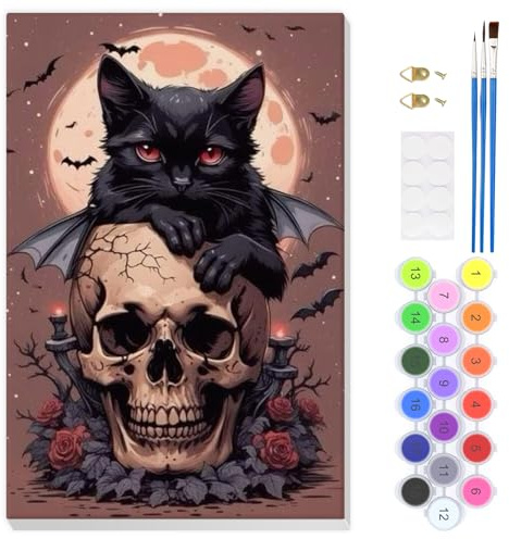 EOBROMD Pintar por Numeros Adultos Gato Negro, Cráneo de Terror Pintura por Números con Marco, Kit de Pintura al óleo de Lienzo DIY para con Pinceles, Pigmento Acrílico, Decoración del Hogar 20x30cm