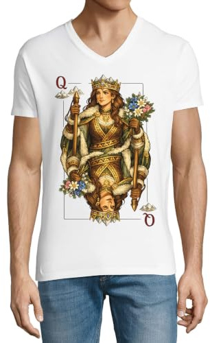 Regal Queen Holding Staff and Flowers herr bomull V-ringad t-shirt vit