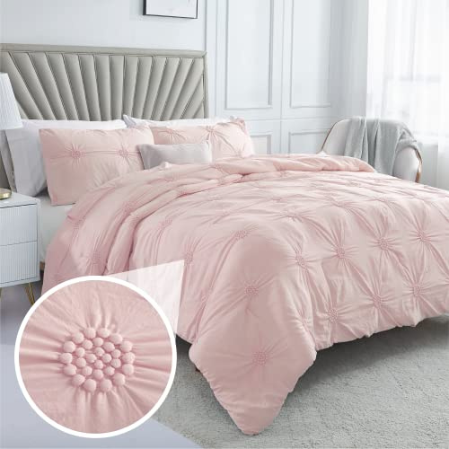 Swift Home Full/Queen Baby Pink Rose Blush Comforter Set - Ruched 3D Floral Pintuck Bedding Set - 3 Pieces Bed Linen, 1 Comforter and 2 Pillow Shams