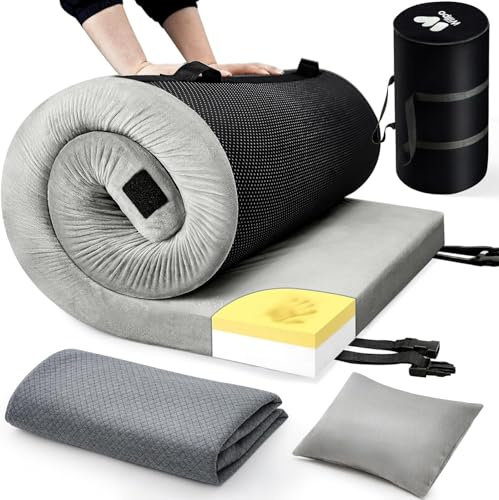 Willpo CertiPUR-US Memory Foam Camping Mattress - Dual Interchangeable Washable Covers Included, Lightweight Portable Sleeping Pad with Travel Bag for Tents, Guest Beds, Home - Gray, Small Single