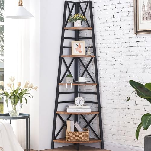 HOMBAZAAR 72 Inch Tall Corner Shelf, 5 Tier Corner Ladder Bookshelf, Tall Corner Bookcase with Metal Frame, Rustic Shelf Stand for Living Room, Bedroom, Office, Rustic Brown