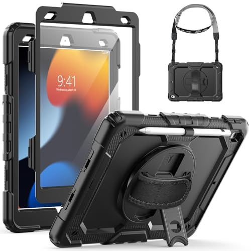 SEYMCY for iPad 9th/8th/7th Generation Case 10.2 inch, Shockproof Sturdy Cover with 360° Rotating Hand Strap & Stand, Screen Protector, Shoulder Strap, Pen Holder for iPad 9/8/7 gen 2021~2019, Black