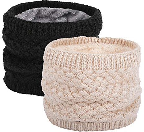 EPEIUS Kids Girls/Boys Winter Knitted Infinity Scarf Children Warm Soft Polar Fleece Neck Warmer 2 Pack,Black and Oat