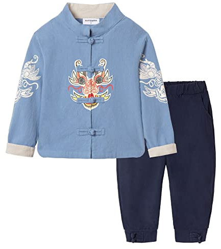 Mud Kingdom Boys Traditional Chinese Style Outfits New Year Tang Suit for Toddler Boy 2-Piece Set Frog Button Dragon Embroidery Blue 3 Years