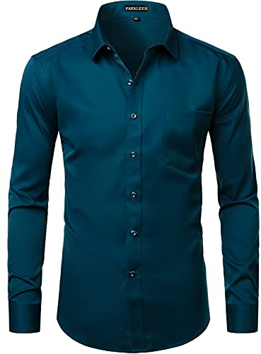 PARKLEES Men's Slim Fit Formal Long Sleeve Casual Business Party Dress Shirts with Chest Pocket Teal XL