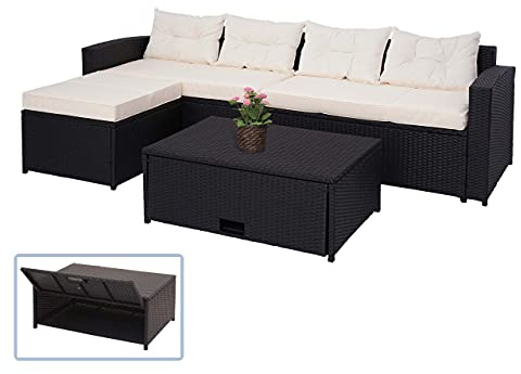 Mendler Poly-Rattan Garnitur HWC-J34, Balkon-/Garten-/Lounge-Set Sitzgruppe Sofa, Staufach - schwarz, Kissen Creme-beige