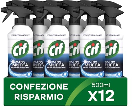 Cif Ultra Muffa, Spray Antimuffa, Formato 12 Pezzi da 500 ml, Spray Detergente Ideale per Muri, Piastrelle, Tende da Bagno, Rimuove le Macchie di Muffa e Sbianca le Fughe tra le Piastrelle