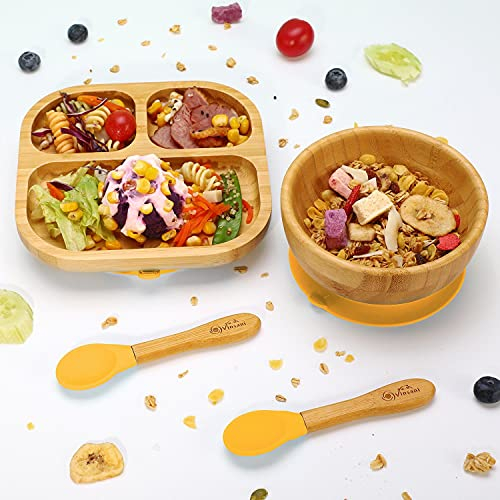 Vinsani Bamboo Bowl, Square Plate and Spoon Set for Baby/Toddler, Suction Plate, Stay-Put Design, Hypoallergenic and BPA-Free (Yellow)
