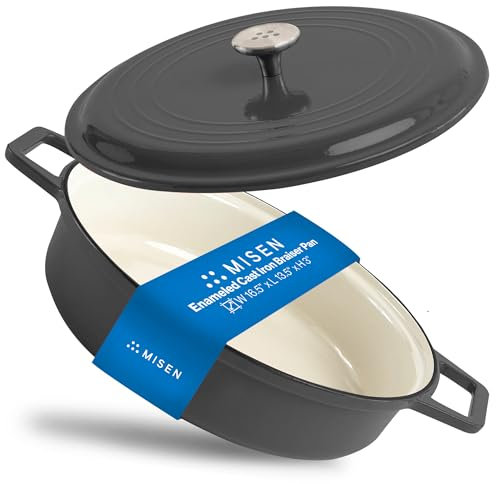 Misen Enameled Cast Iron Braiser Pan with Lid - Shallow Depth for Braising & Poaching - Durable Cookware - Oven Safe - Easy Handling - Chip-Resistant Enamel - Multi-Purpose Cooking - Black