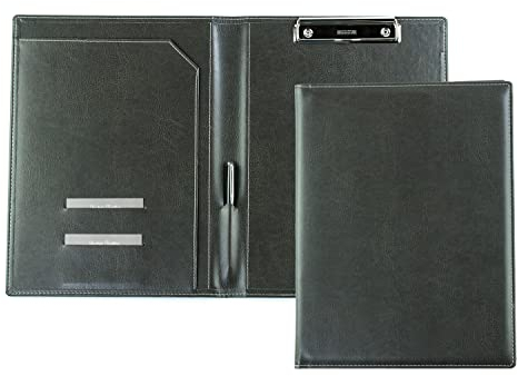 DELMON VARONE - Klemmbrett Mappe DIN A4 aus veganem Eco Kunstleder Grau - Organizer Klemmbrettmappe mit Blockklemme, Stiftschlaufe & Steckfächer - Klassische Echtleder Business-Mappe