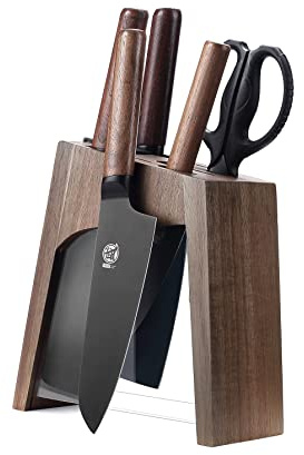 MITSUMOTO SAKARI 6-delars Professionellt Japanskt Köksknivset med Sax | Tyskt Kockknivssats i Högkvalitativt Legerat Stål, Knivblock i Valnötsträ med Knivar och Sax, Inbyggd Slipare