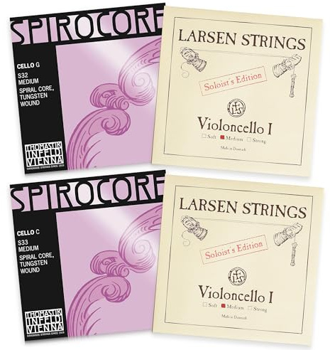 Thomastik Infeld Spirocore Wolfram und Larsen Cello-Set - Cellosaiten 4/4 Full Set - Larsen A und D - Spirocore Tungsten Wound G und Single C String - Made in Wien - Solo
