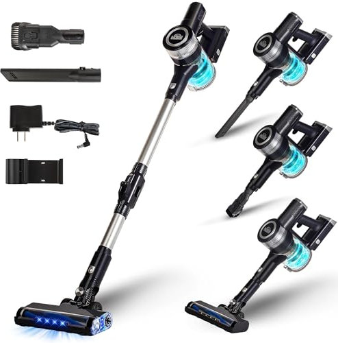 Bison Edge Aspirateur sans fil 6 en 1 puissant avec moteur sans balais avec batterie de 2500 mAh, bâton pliable à 180°, léger, pour tapis et sols durs