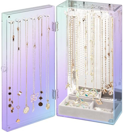 Lolalet Soporte Acrílico para Joyas, Caja Organizadora de Joyas Transparente Anti polvo con 24 Ganchos Estante para Almacenamiento para Collares con Bandeja de Terciopelo -Espejo Laser