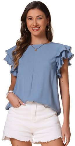 Allegra K Donna Blusa A Maniche Corte con Volant, Scollo Tondo, Tinta Unita, Casual Blu Grigio S