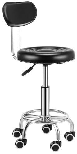 Oyajia Taburete con ruedas con respaldo negro | Taburete de trabajo regulable en altura 47-60 cm | Taburete giratorio con ruedas | Silla de oficina taburete giratorio taburete cosmético