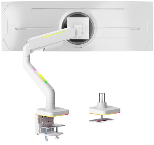 ARES WING Ergonomic RGB Monitor Halterung for Flach Ultrabreit Bildschirme 17 to 49 Zoll, Höhenverstellbar Schwenkbar Neigbar, Integrierte RGB LED mit 20 Modi – MAX 20 kg, VESA 75/100 mm(Weiß)
