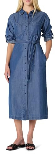 Amazon Essentials Women's Regular-Fit Denim Chambray Long-Sleeve Button-Up Midi Dress, Classic Medium Wash, Large