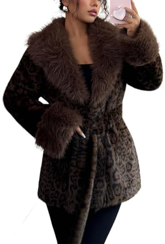 ASANDY Women's Leopard Print Fluffy Faux Fur Coat Winter Shaggy Open Front Casual Oversized Lapel Jacket Warm Outerwear