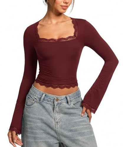 Navneet Women Lace Top Sexy Going Out Tops Square Neck Long Sleeve Crop Tops Y2K Top Party Club Festival Outfits Autumn Burgundy S