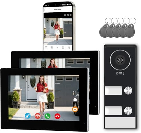 KeonBell Smart Home Video Intercom System,Wired Video Doorbell with 2X 7-inch Touch Screens,Remode Unlocking via App/RFID,Two-Way Audio,Night Vision,WIFI6 2.4/5GHz,2 Unit Household