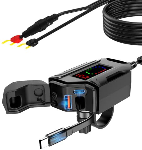 USB Moto Impermeabile con un cavo di ricarica rapida Type-C retrattile lungo 70 CM, 3 in 1 Caricabatterie da Moto per Cellulare USB con Interruttore Voltmetro LED per SUV Marine Motorcycle