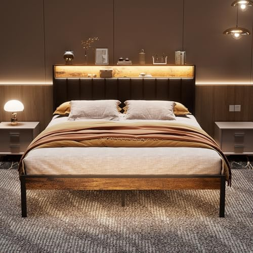 DEWINNER Struttura Letto 160x200 Con Illuminazione A LED, Letto Matrimoniale Con Testiera Contenitiva, Dotata Di Prese Multiple (1 Presa CA, 2 Porte USB), Struttura Robusta, Facile Da Montare