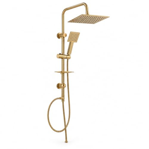 Topolenashop Colonna Doccia Oro Senza Miscelatore Con Soffione Quadrato, Doccetta, Deviatore e Portasapone, Asta Saliscendi Regolabile 96 cm Con Flessibile 1,8 m | 87305