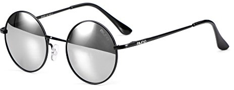 Miuno® Occhiali da sole con lenti rotonde UV400 uomo donna con custodia in nichel cerniera a molla 8088, Struttura: nero opaco/bicchiere: argento specchiato, taglia unica