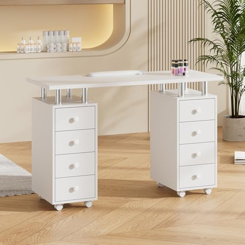 Warmiehomy Professional Manicure Table 8 Drawers Nail Table Station Salon Workstation Nail Art Storage Drawers Nail Desk with Extra Armrest, White