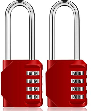 ZHEGE Long Shackle Padlocks, 4 Digit Combination Padlocks for Lockers, Number Lock, Outdoor Padlock Weatherproof for Gate, Door, Shed,Fence,Garage, Container (2 Pack, Red)