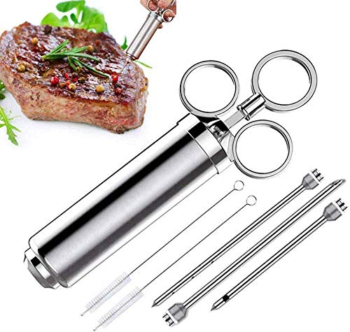 Seringue barbecue 60 ml en acier inoxydable 304 Seringue à viande en acier inoxydable avec 3 aiguilles, seringue à marinade, seringue à épices, brosse de nettoyage pour gril,