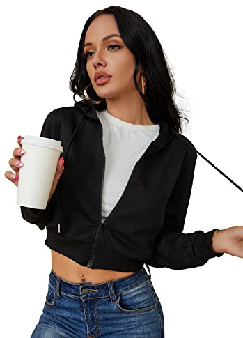 milanpavilion Women's Zip Up Hoodies Black Cropped Cardigan Jacket Drawstring Hooded Sweatshirts Casual Long Sleeve Top Medium