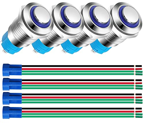 Gebildet 4pièces 12mm en Acier Inoxydable Bouton Poussoir Momentané 3V-4.5V-5V-6V-7.5V-9V/5A LED 1NO SPST Allumé/éteint Étanche avec Prise de Courant (LED Bleue)