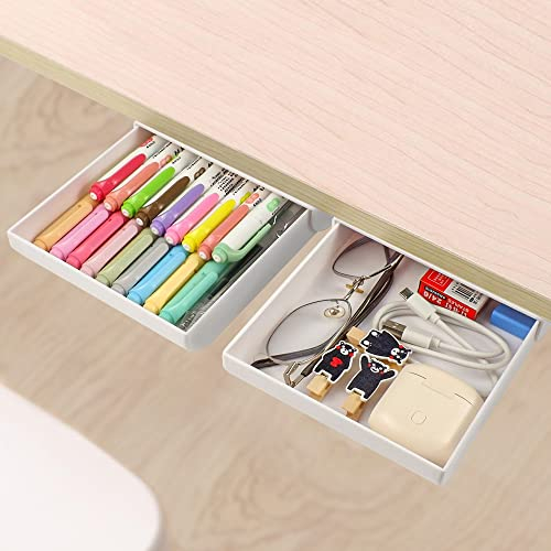 2 Pack Under Desk Drawer Organizer Slide Out Pencil Holder Desk Drawer Attachment Plastic Desk Organizers,Hidden Desktop Organizer Self-Adhesive, Paste Stationary Container