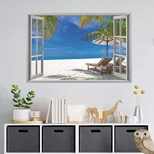 ANHUIB 3D Strand Wandaufkleber,Strand Palme Fensterblick Aufkleber,Sommer Poster,Moderne Aufkleber für Wohnzimmer,3D Durchbruch Wandaufkleber für Wohnzimmer Schlafzimmer Küche Flur Bad Deko,90x60 cm