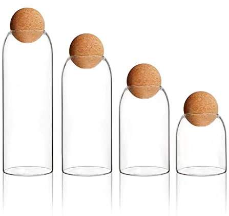 Eidoct 4 Pack Glass Jar with Wood Lid Ball, Different Sizes Clear Glass Jar, Food Storage Canister, Clear Candy Jars Decorative Organizer Bottle Containers (Transparent Style)