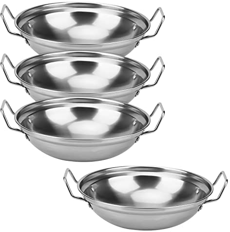 MUKCHAP Lot de 4 plats de service Balti de 22 cm, plats de service indiens Karahi en acier inoxydable avec poignée