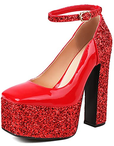 Bviennic Bride Square Toe Chunky High Heels Sequins Pumps Fashion Ankle Strap Wedding Formal Platform Glitter Platform Shoes Red Size 4.5 UK-38CN