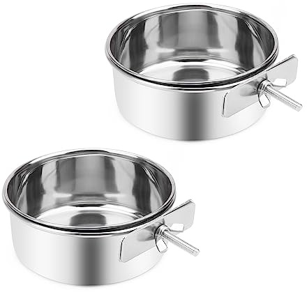 Wontee Pet Food Water Bowl with Clamp Holder Stainless Steel Feeding Cups Feeder for Dog Bird Parrot Cat Rabbit, 2 Packs (M)