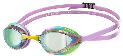 ARENA Python-Schwimmbrille für Damen und Herren, Anti-Beschlag-Spiegelglas, maximaler Komfort, Doppelriemen, Grün/Violett/Grün