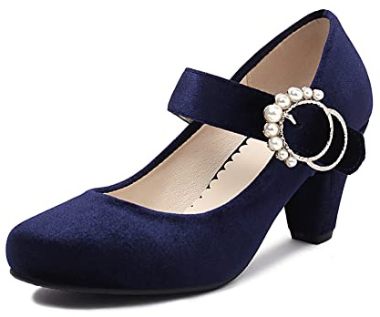 elerhythm Mary Janes - Zapatos de tacón para mujer de los años 20, estilo retro de los años 20, Gatsby de los años 50, punta redonda, hebilla de perlas, correa de tobillo, azul, 40 EU