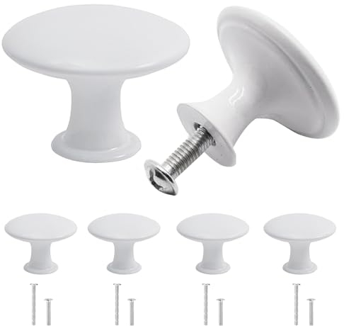 Misuyue 4 Stück Möbelknöpfe Weiß, 30mm Runde Schrankknöpfe Vintage mit Schrauben, Türknöpfe für Schublade, Möbel, Küchenschränke, Kleiderschrank