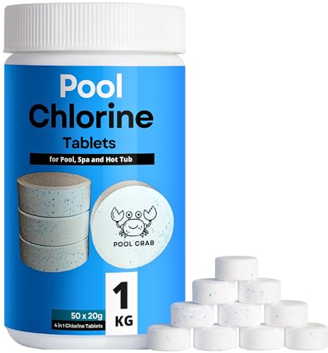 Pool Crab Pool Chlorine Tablets, 1kg Multifunctional 4-in1 Dispenser Tablets for Swimming Pool, Hot Tub, Spa, 50 x 20g Chlorinating Chemical Tabs (Sanitiser, Stabiliser, Algaecide and Clarifier)