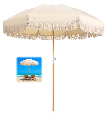 Strandschirme für Sand, Boho-Regenschirm mit Fransen, Outdoor-Terrassenschirm, LSF 50+, Marktschirm mit neigbaren Tischschirmen für draußen, wasserdicht, tragbar, Poolschirm mit Tragetasche, 1,8 m,