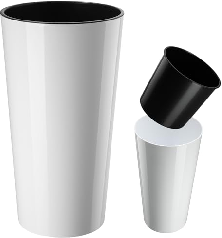 KADAX Cache-Pot décoratif Blanc ⌀ 30 cm x H 57,5 cm, Plastique avec éclats de Bois, Insert Amovible – Finition Naturelle et Lumineuse